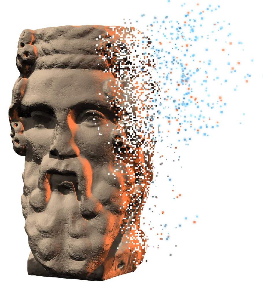 Statua di Giano bifronte che si scompone in pixel azzurri