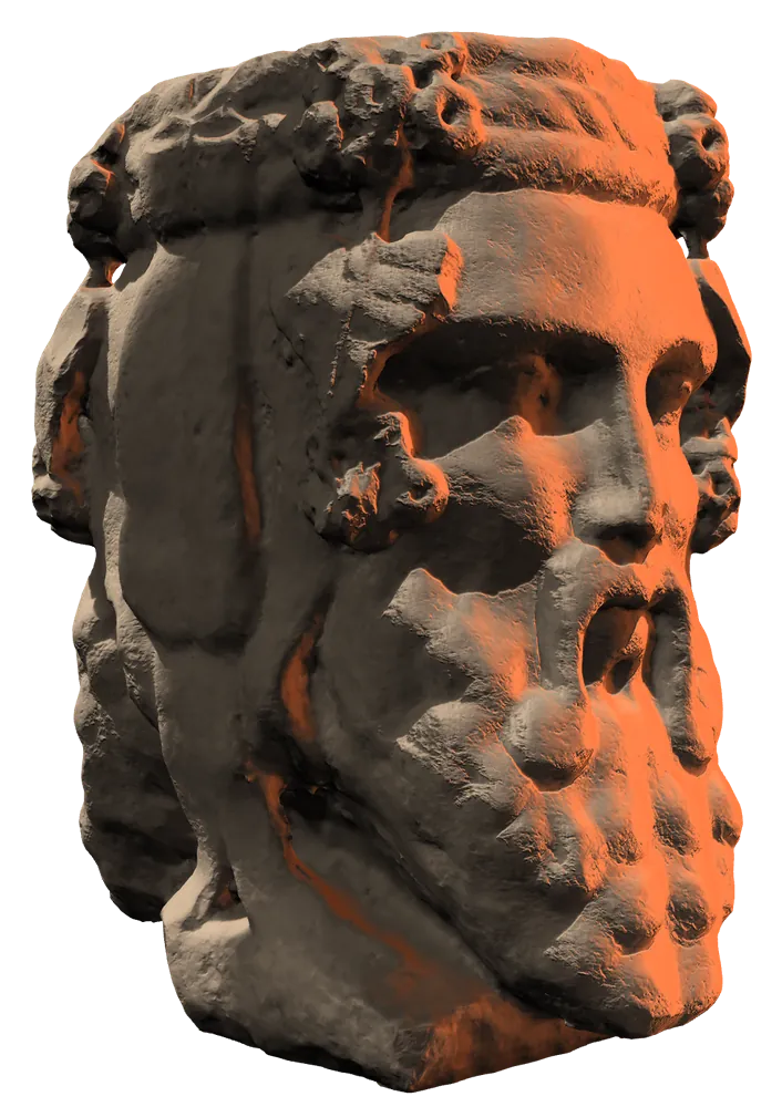 Statua di Giano bifronte in luce radente arancio