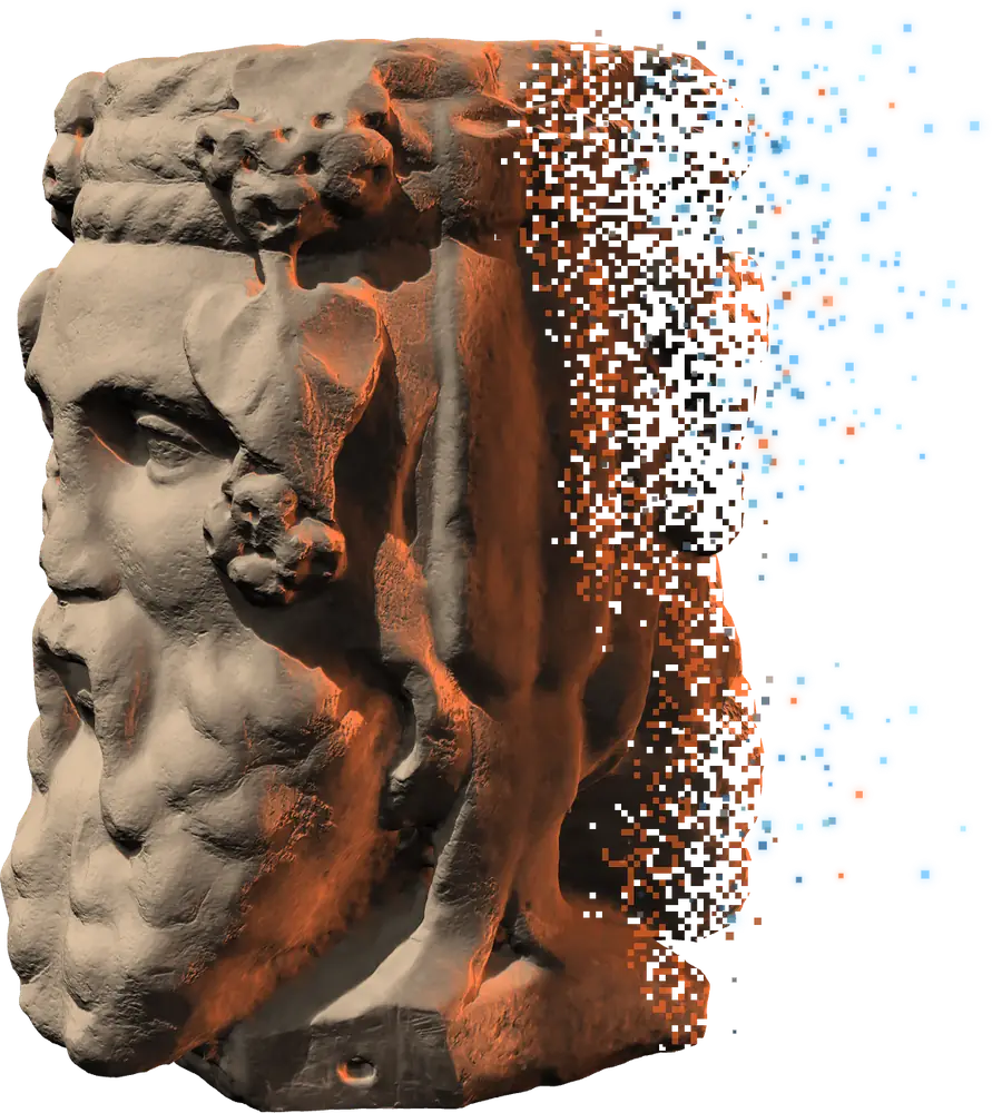 La statua di Giano vista di profilo, in luce arancio, che si scompone in pixel
