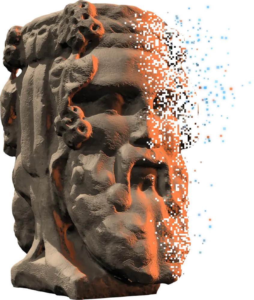 Il volto della statua di Giano visto dal basso, in luce arancio, che si scompone in pixel