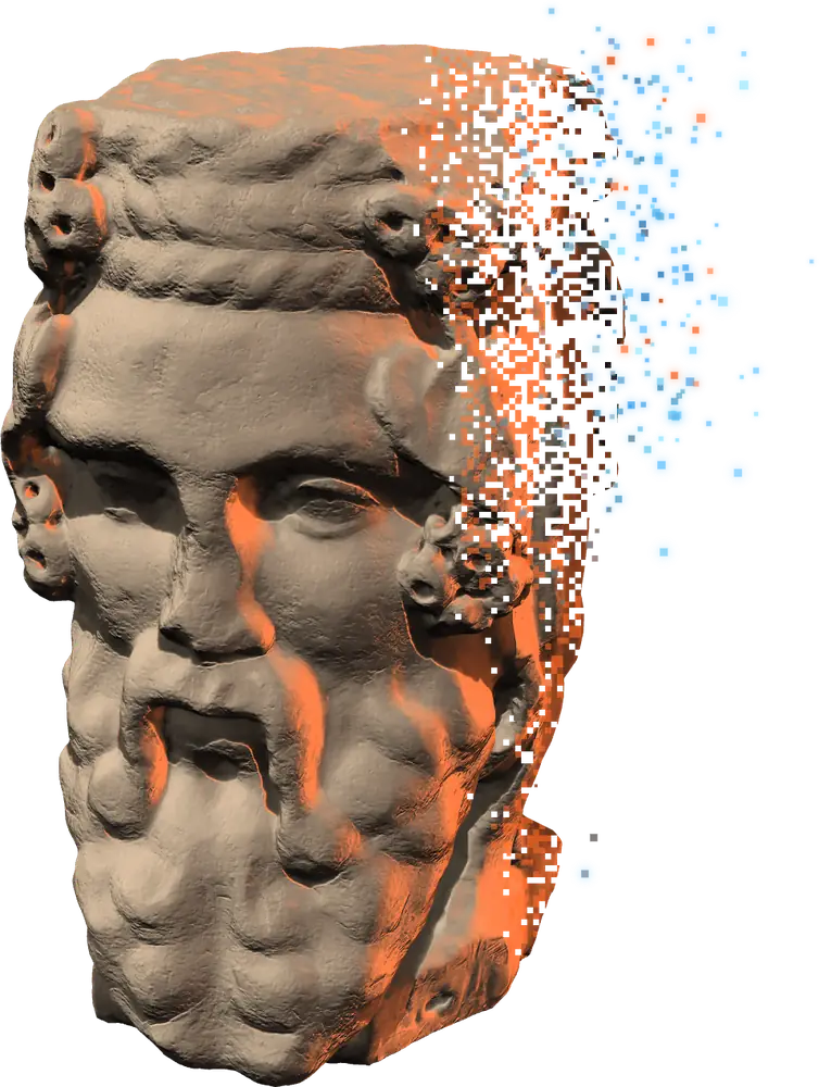 Il volto della statua di Giano visto dall’alto, in luce arancio, che si scompone in pixel