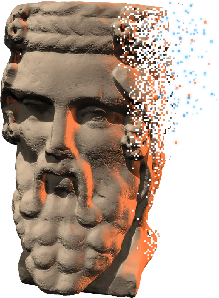 La statua di Giano vista di fronte e dall’alto, in luce arancio, che si scompone in pixel
