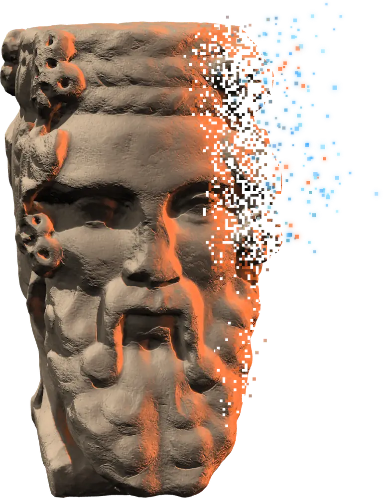 La statua di Giano vista di fronte, in luce arancio, che si scompone in pixel