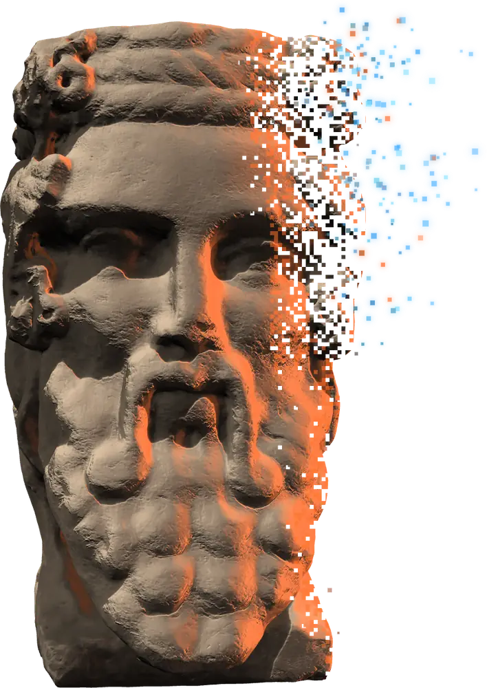 La statua di Giano vista di fronte, in luce arancio, che si scompone in pixel