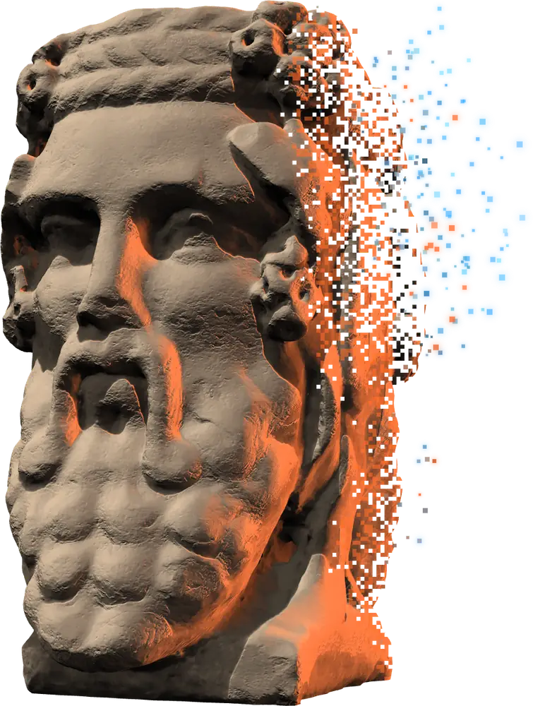 Il secondo volto della statua di Giano, in luce arancio, che si scompone in pixel