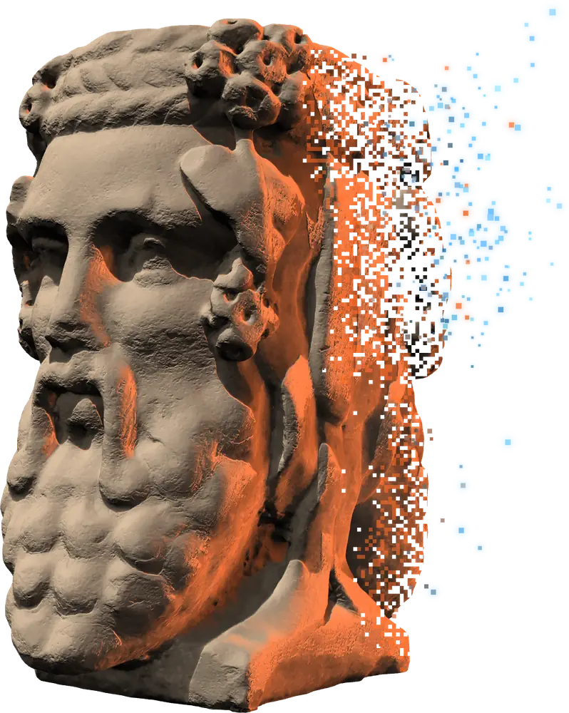 Il volto della statua di Giano di tre quarti, in luce arancio, che si scompone in pixel